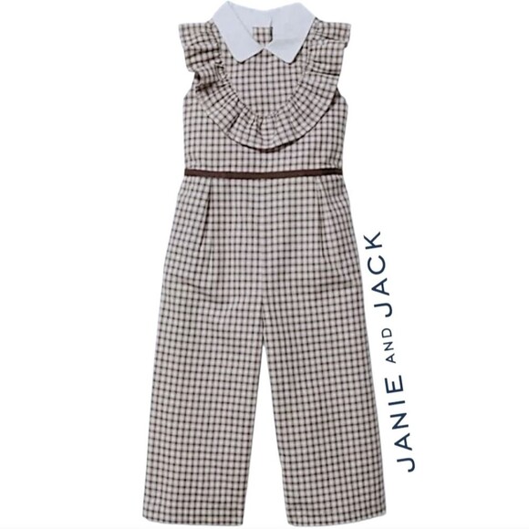 Janie And Jack Girls Tan Houndstooth Jumpsuit Ruffle Crisp White Collar Size 5 - Picture 1 of 14